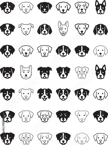 Minimalist black-and-white dog face icon set of diverse breeds arranged 