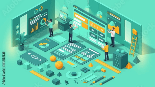 Isometric illustration of web development and design process.