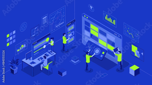 Isometric illustration of people working on data analysis and project management tasks.