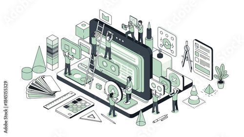 Mobile App Development and UI UX Design Process Illustration.