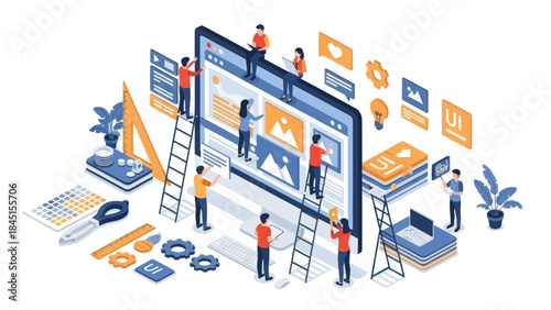 Team of people working together on a large computer screen.