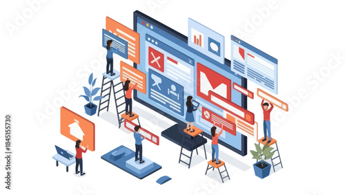 Team of people working together on a large digital interface.