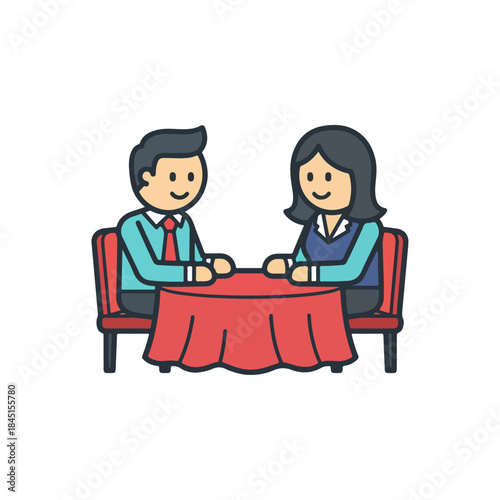 Two Professionals Shake Hands Across a Red Table During a Business Meeting.