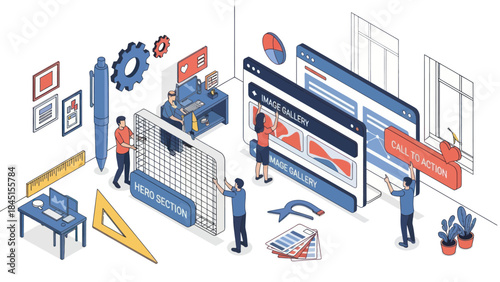 Team of professionals working on web design and development project.