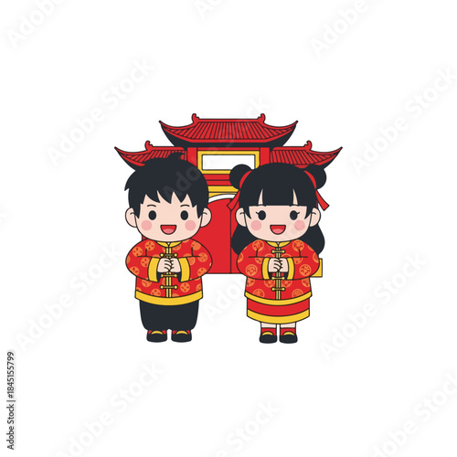 Two Cartoon Children in Traditional Chinese Attire.