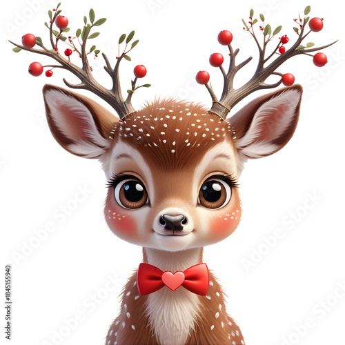 Illustration of cartoon Christmas deer with bow tie and festive ornaments, isolated on white png transparent background. Generative AI