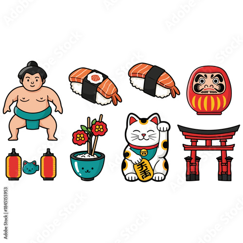 Vibrant collection of traditional Japanese culture, iconic symbols, delicious food, vector illustration