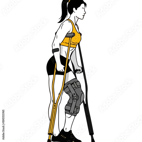 Young woman with knee brace and crutches.