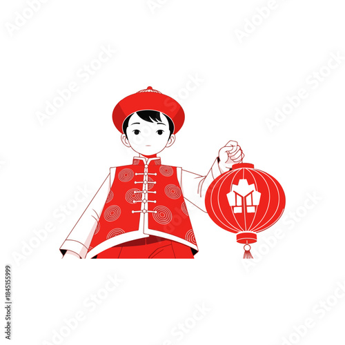 Cartoon Child in Red Traditional Chinese Dress with Lantern.