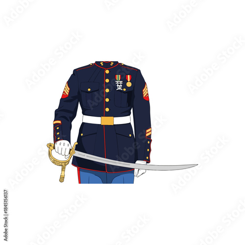 Military ceremonial dress uniform with sword.