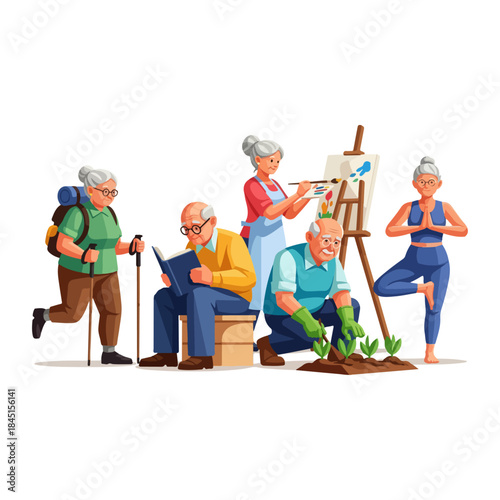 Group of elderly people enjoying hobbies together.