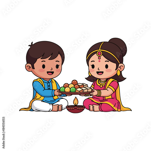 Cute Cartoon Indian Brother and Sister Sharing Sweets and Diya Lamp for Festive Occasions like Diwali