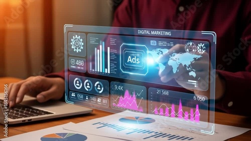 Digital advertising and marketing analytics concept. professional analyzes ad performance dashboard, showcasing customer engagement insights, social media strategy, audience targeting, ROI measurement