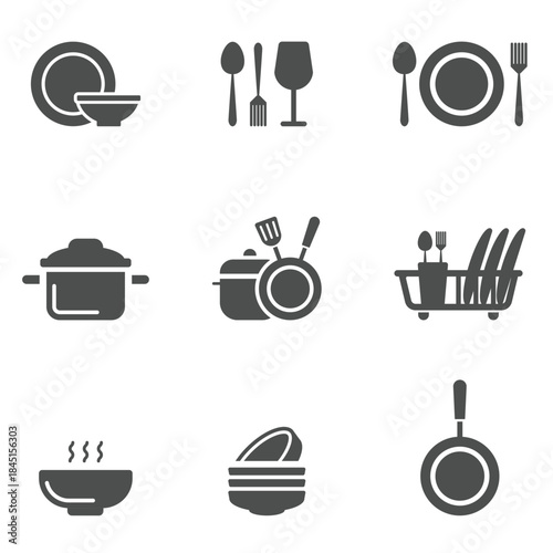 Kitchen equipment icon set isolated on white background.