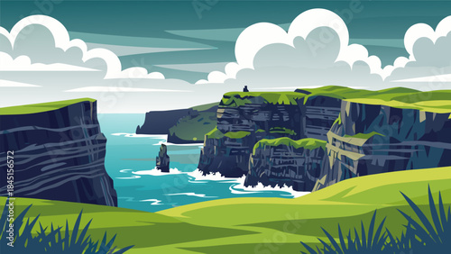 Vibrant illustration of the iconic Cliffs of Moher in Ireland, showcasing dramatic sea cliffs, lush green hills, and the expansive Atlantic Ocean under a cloudy sky.