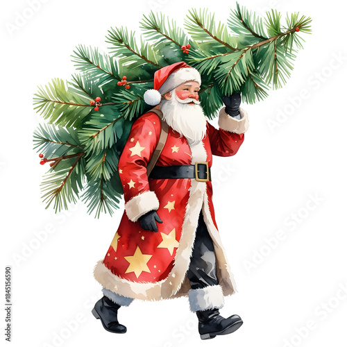 Santa claus carrying a decorated christmas tree over his shoulder, watercolor illustration, Generative AI