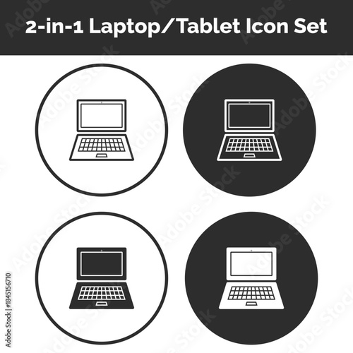 2-in-1 Laptop / Tablet Icons Set — Convertible Touchscreen Computers, Hybrid Notebooks, Detachable Devices, Productivity, Creativity, Education, Business & Modern Mobile Computing Technology Symbols