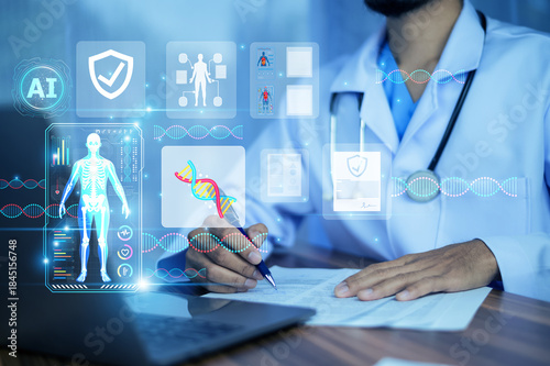 Doctor use AI artificial intelligence to monitor patient health through digital medical systems.