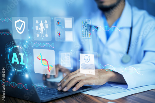 Doctor use AI artificial intelligence to improve digital healthcare and medical efficiency.