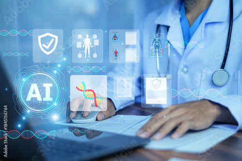 Doctor use AI artificial intelligence for healthcare analytics and smart medical decision making.