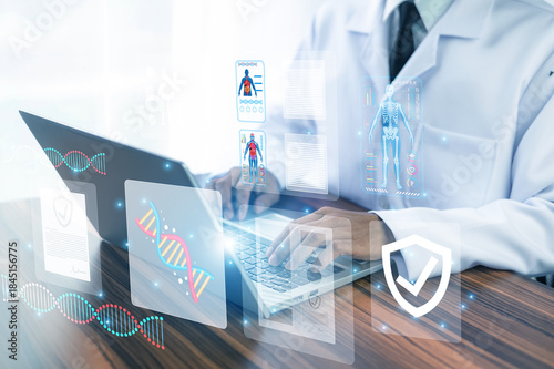 Doctor use AI artificial intelligence in modern hospital for digital medical innovation.