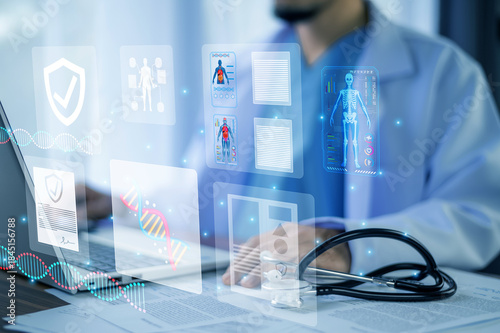 Doctor use AI artificial intelligence for smart healthcare management and digital medical systems.