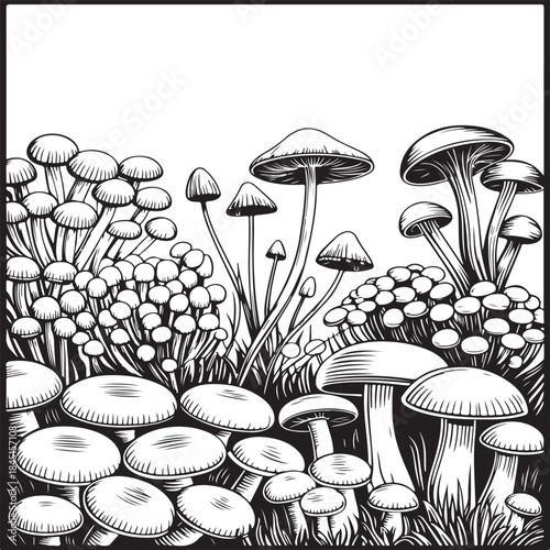 Autumn forest mushroom picking, vegan menu pattern. Linear fly agaric, chanterelles, porcini mushroom, honey mushrooms, morels, mycena, russula, boletus, nettle, fern, chicory, chamomile.