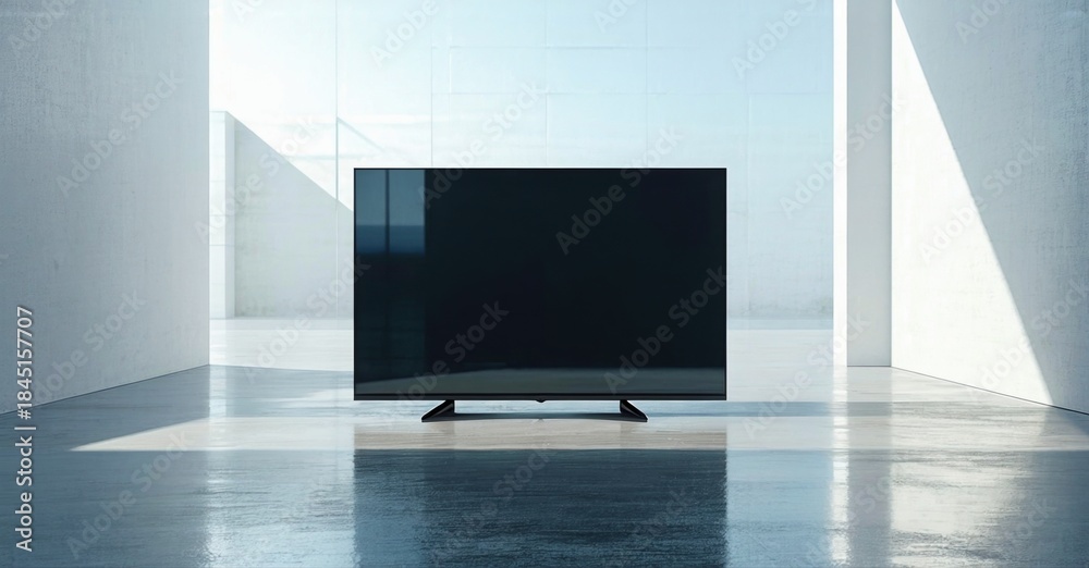 Fototapeta premium Minimalist room features large black television. Bright light creates strong shadows, emphasizing sleek design. Modern interior, simple aesthetic.