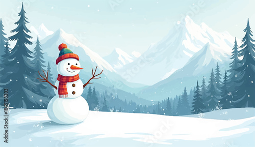 A cheerful snowman wearing a red hat and scarf stands in a vast snowy landscape with falling snow under a bright sky.Happy new year greeting card with copy-space.Happy snowman standing in winter lands
