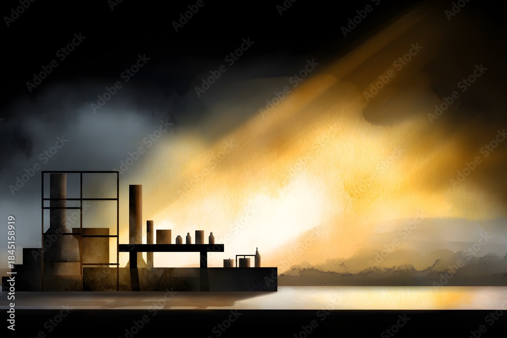 Fototapeta premium Steampunk-inspired surreal factory with floating machines and robot drones, sepia-toned watercolor overlay, dramatic lighting with sunbeams, large empty space to the right for promotional text,