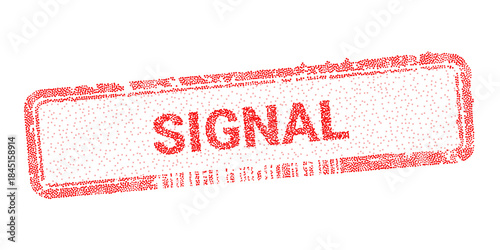 Red signal digital stamp composed of dots on white. Tech concept for data transmission and electronic communication verification. Dotted vector illustration for security and information design.