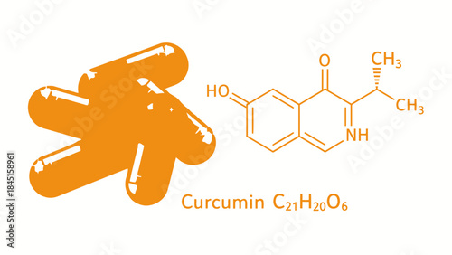 Curcumin chemical compound structure and molecular formula c21h20o6 with pills on white background