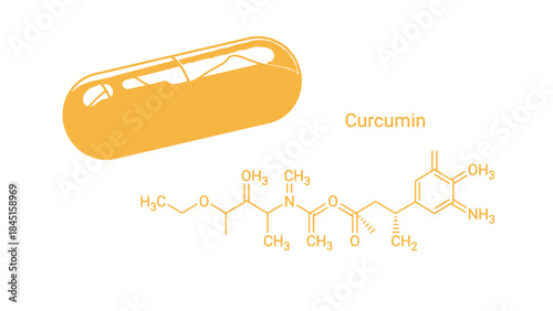 Curcumin supplement capsule with molecular structure formula, illustrating natural anti inflammatory and antioxidant properties in nutrition and wellness