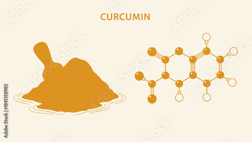 Curcumin molecular structure and turmeric powder illustration for health and nutrition concepts with chemical compound and spice