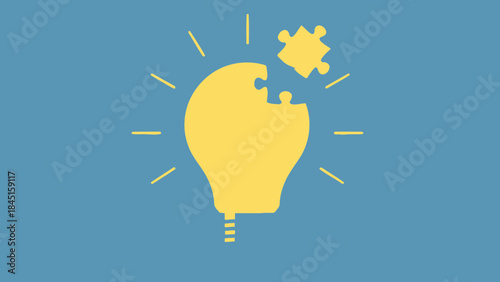 A creative concept of a lightbulb with one puzzle piece detached on a blue background with rays symbolizing inspiration and innovation ideas