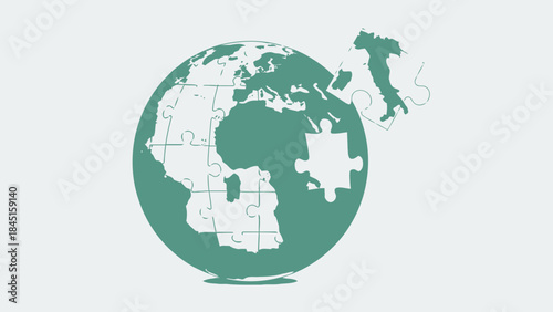 Green globe puzzle pieces showing world map with missing jigsaw piece on right side, symbolizing global connection and unity
