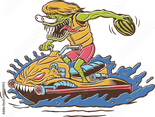 A retro monster character racing on a jet ski, creating dramatic water splashes with intense expression.