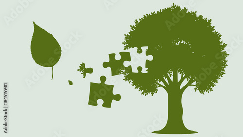 Environmental conservation concept with tree and puzzle pieces coming together to form a complete picture of a green leafy tree symbolizing eco friendly solutions