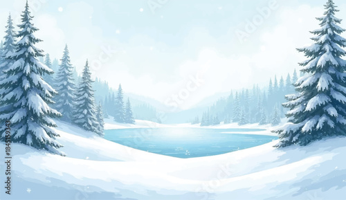 Winter snowy landscape,winter background of snow and frost with landscape of forest,Winter abstract landscape. Sunlight in the winter forest. Panorama of Lake landscape in winter. 