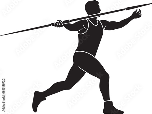 Dynamic black and white vector silhouette capturing a male athlete in the powerful, moment-of-release stance of the javelin throw event in track and field athletics, perfect for sports design.