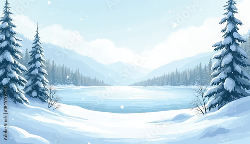 Winter snowy landscape,winter background of snow and frost with landscape of forest,Winter abstract landscape. Sunlight in the winter forest. Panorama of Lake landscape in winter. 