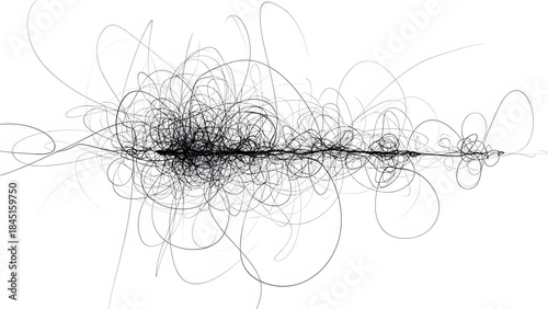 Dynamic visual field of chaotic abstract lines forming a dense, intricate entanglement against a stark white backdrop