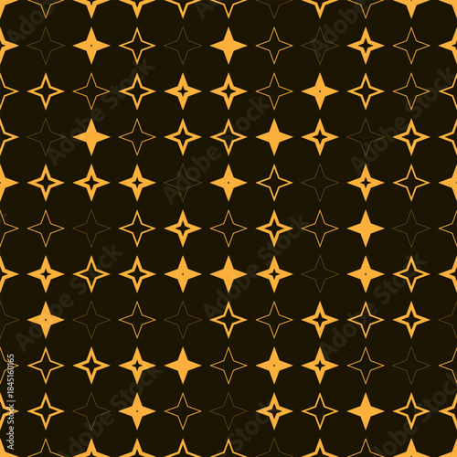 A seamless pattern with orange stars of varying brightness on a dark background. Vector illustration. Perfect for your wallpaper, fabric, packaging, and background designs in a cosmic, galactic style.