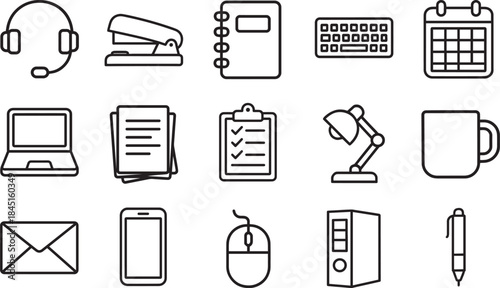 A detailed array of essential office supplies and electronic devices, each rendered in a clean, contemporary line art style.