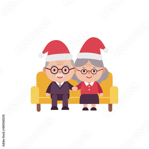 Cute elderly couple wearing Santa hats sitting on a sofa, Christmas illustration with happy seniors celebrating holiday season together