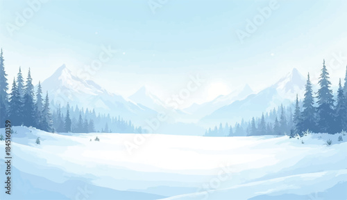 Winter snowy landscape,winter background of snow and frost with landscape of forest,Winter abstract landscape. Sunlight in the winter forest. Panorama of Lake landscape in winter. 