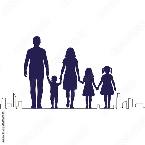 Silhouetted family of four holding hands walking together.