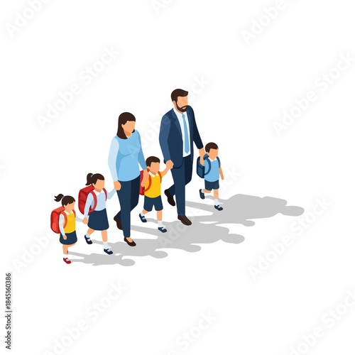 Family Walking Together With Children to School.