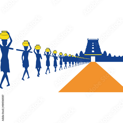 Indian women carrying pots of water towards a temple, depicting tradition, culture, and community effort