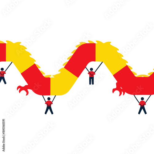 People hanging from colorful banners during parade.